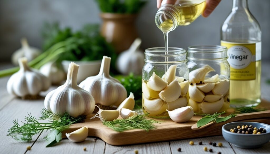 A step-by-step process of making pickled garlic with fresh ingredients and jars.