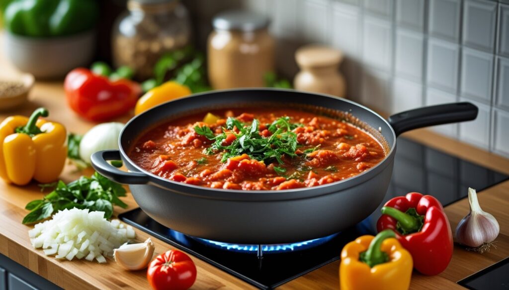 A pot of Ragu pasta sauce simmering on the stove with fresh ingredients around it.