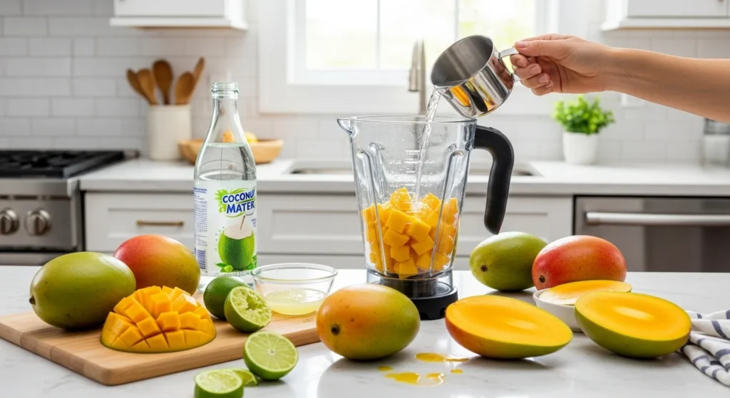 A step-by-step guide to making refreshing drinks with mango, showcasing ingredients and blending process.