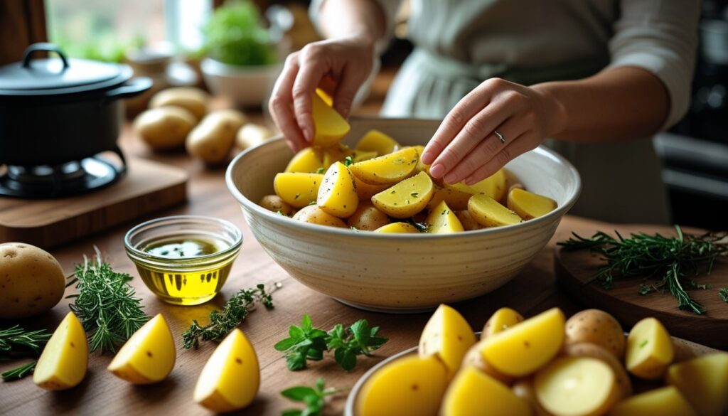 A step-by-step guide to making roasted yellow potatoes, showcasing ingredients and preparation steps.