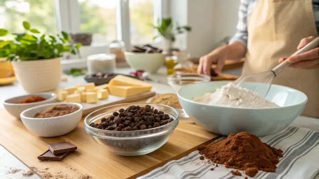 A step-by-step process of making vegan desserts with ingredients laid out on a kitchen counter.