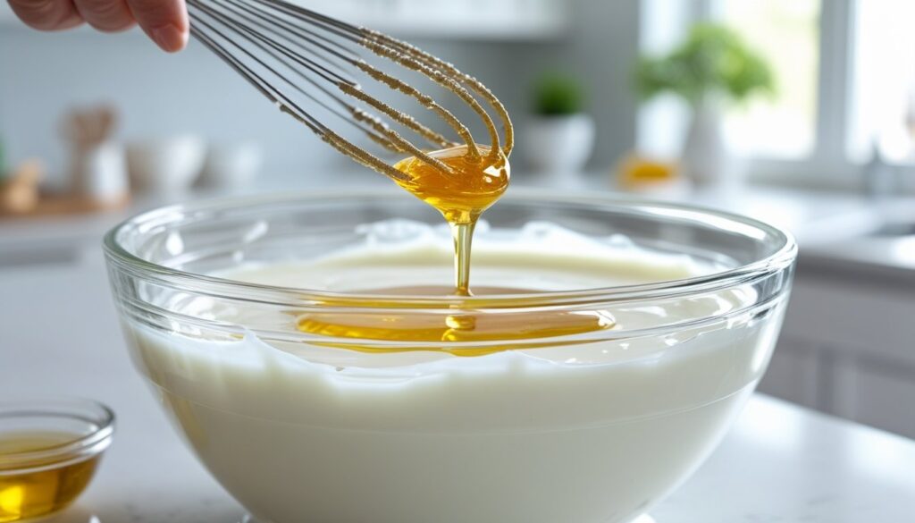 A mixing bowl with plain yogurt, honey, and a whisk, illustrating the process of making yogurt beaten.