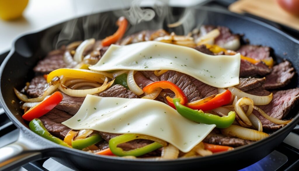 A skillet with a Philly cheesesteak mixture of beef, onions, and bell peppers, topped with melting provolone cheese.