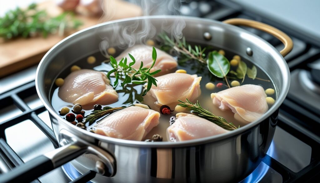 A pot of boiling chicken with herbs and spices on the stove.