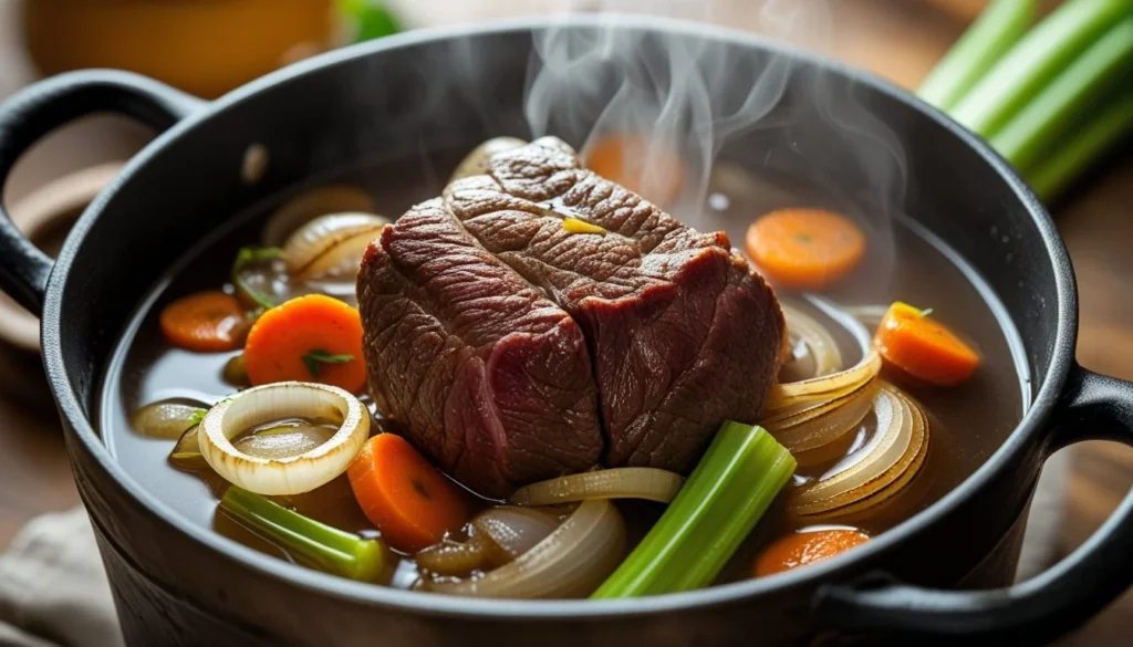A pot of beef cheek meat simmering with vegetables and broth.