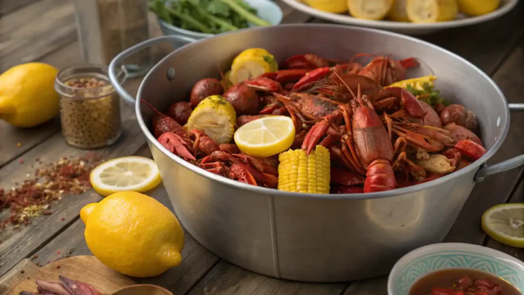 A large pot of crawfish boil with potatoes, corn, and lemons on a wooden table.