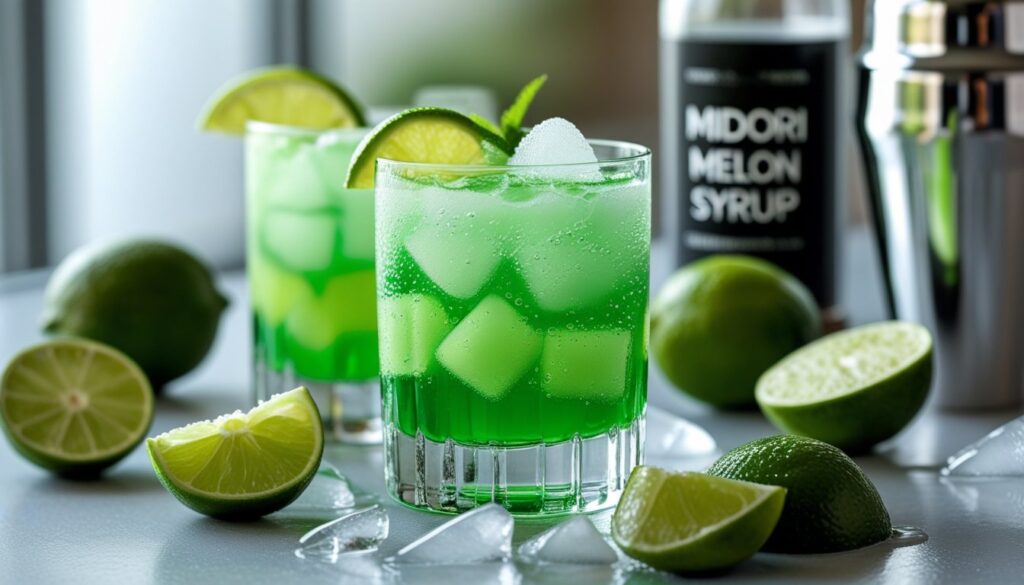 A vibrant Midori Sour mocktail being prepared with fresh ingredients.