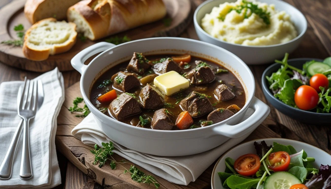 A beautifully set table for serving beef bourguignon with sides.