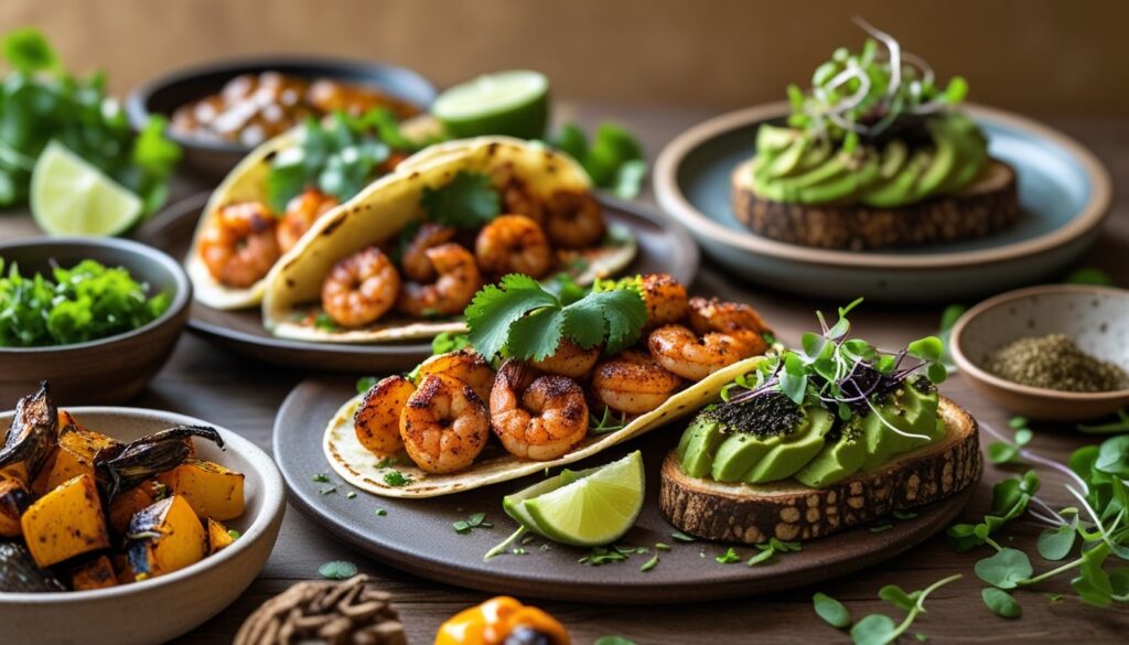 A variety of dishes seasoned with blackened seasoning, including shrimp tacos and roasted vegetables.
