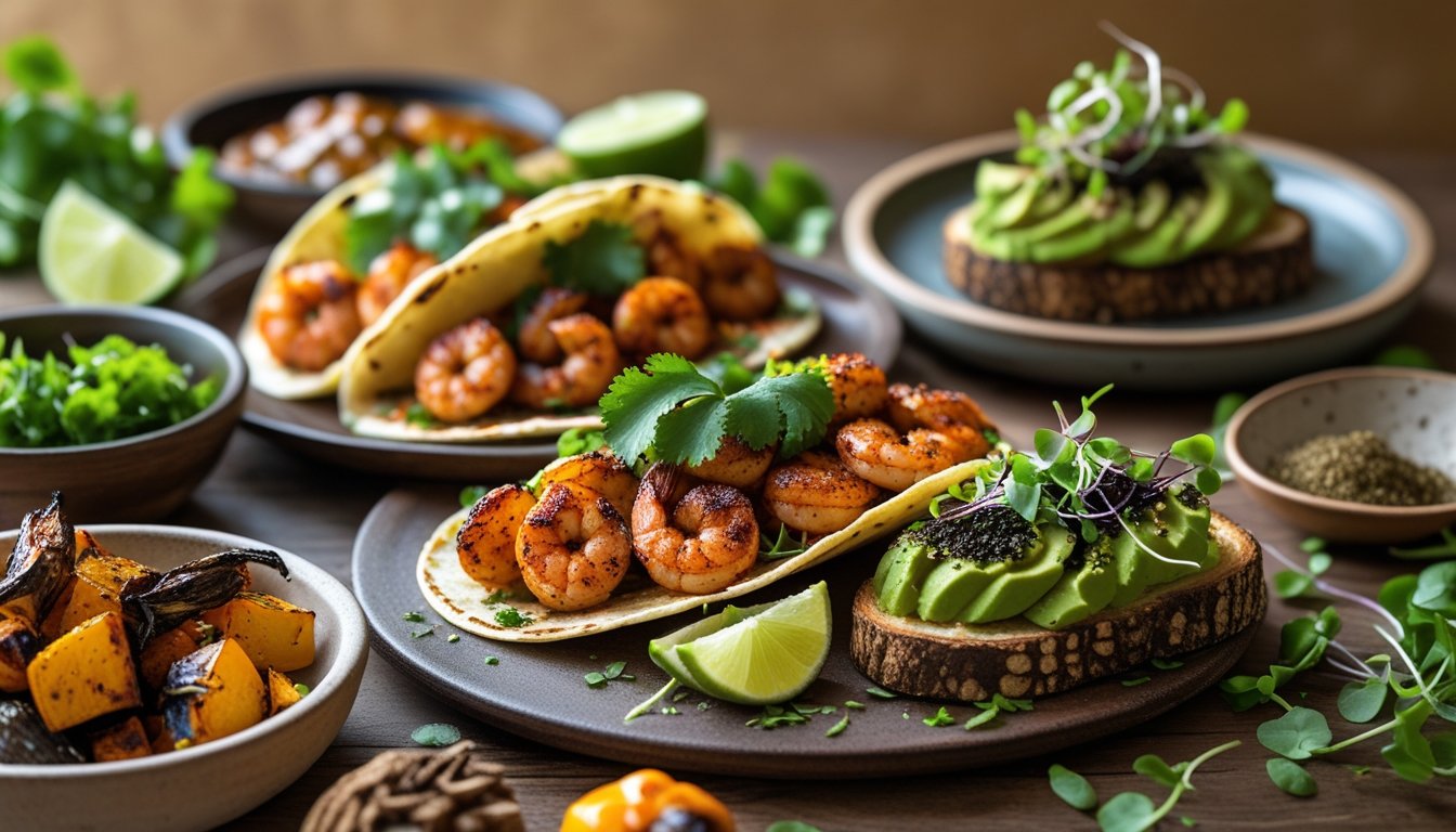 A variety of dishes seasoned with blackened seasoning, including shrimp tacos and roasted vegetables.