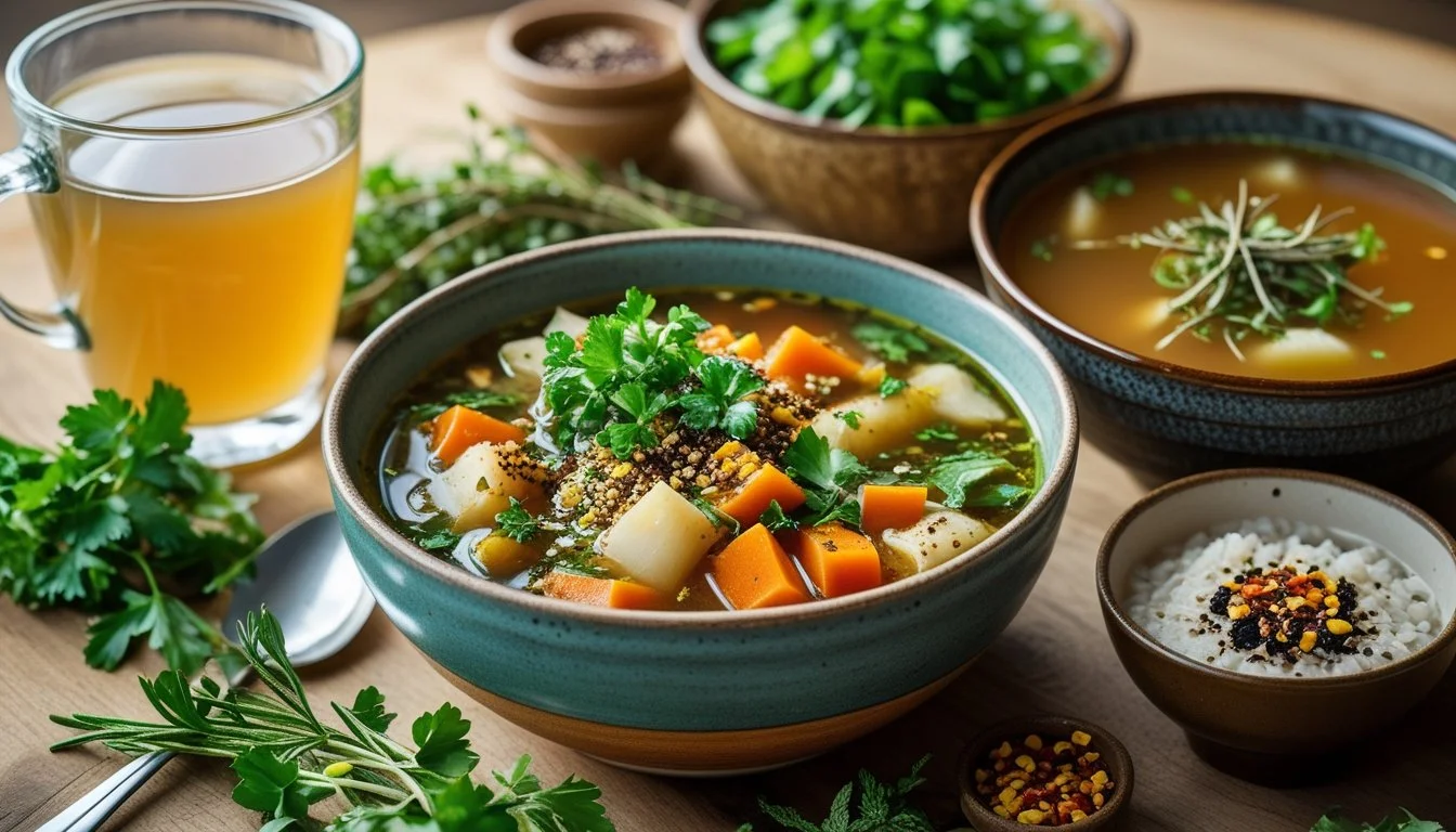 Different serving suggestions for bone broth, including a cup, soup, and grain bowl, garnished with herbs.