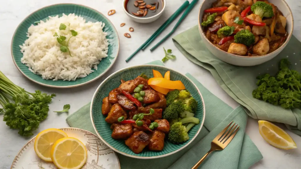 Different serving options for bourbon chicken displayed on a dining table.