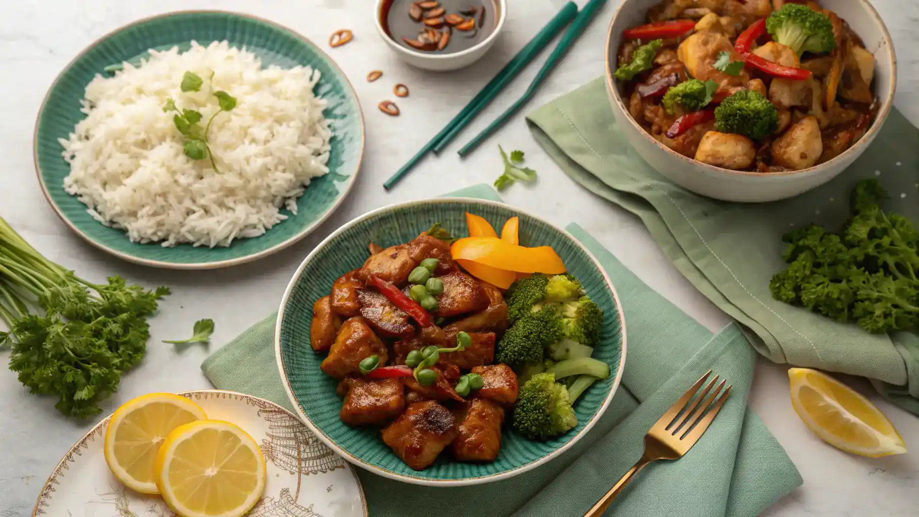 Different serving options for bourbon chicken displayed on a dining table.