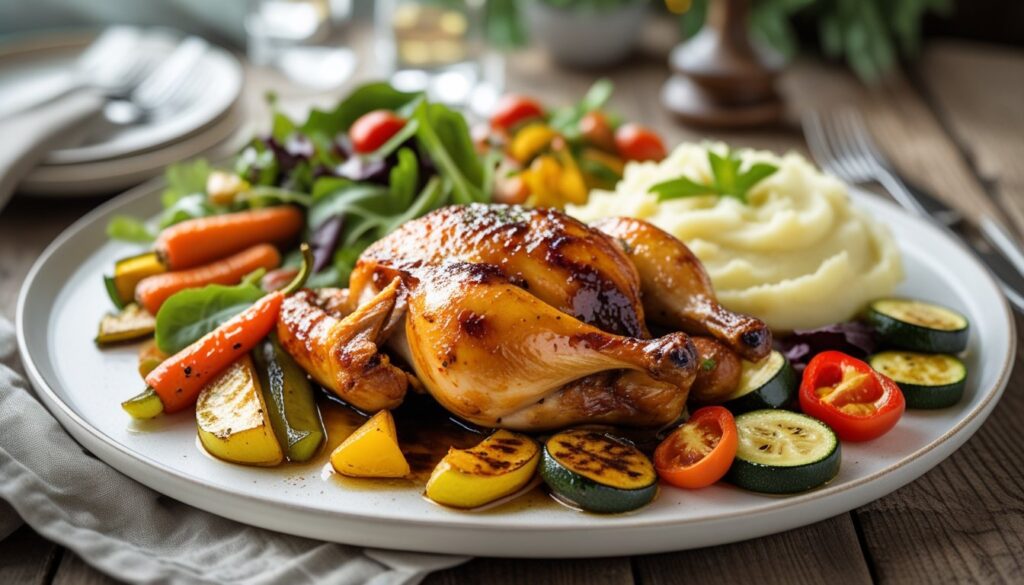 Braised chicken served with sides including mashed potatoes and salad.