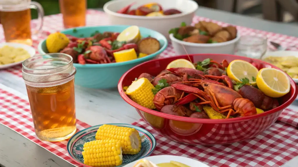 A beautifully set table for serving a crawfish boil with colorful bowls and garnishes.
