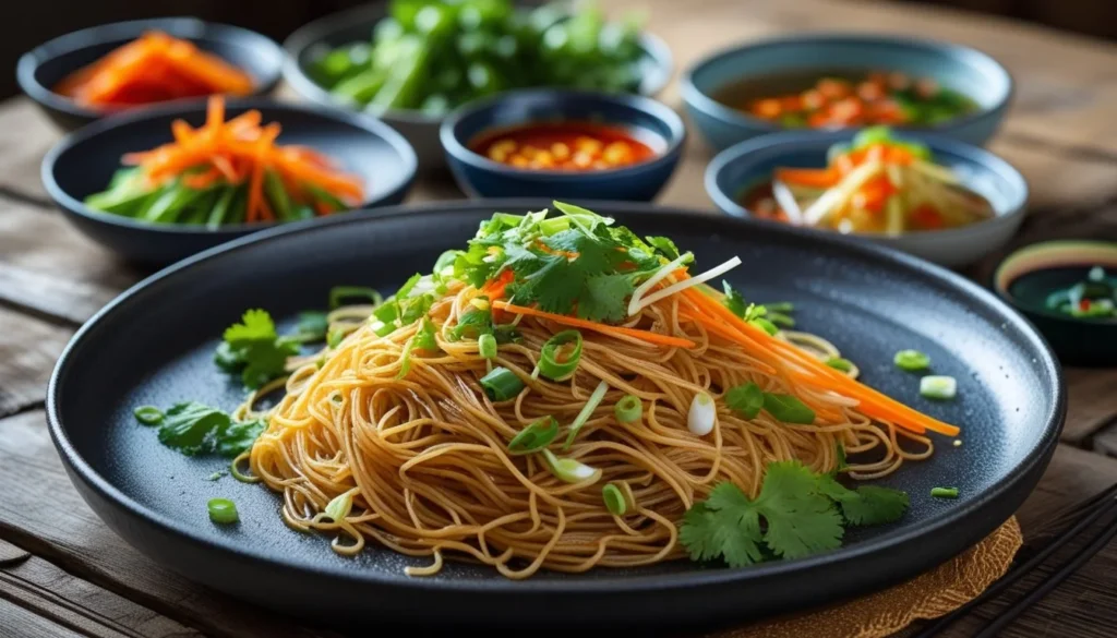 Hakka noodles served with garnishes and side dishes.