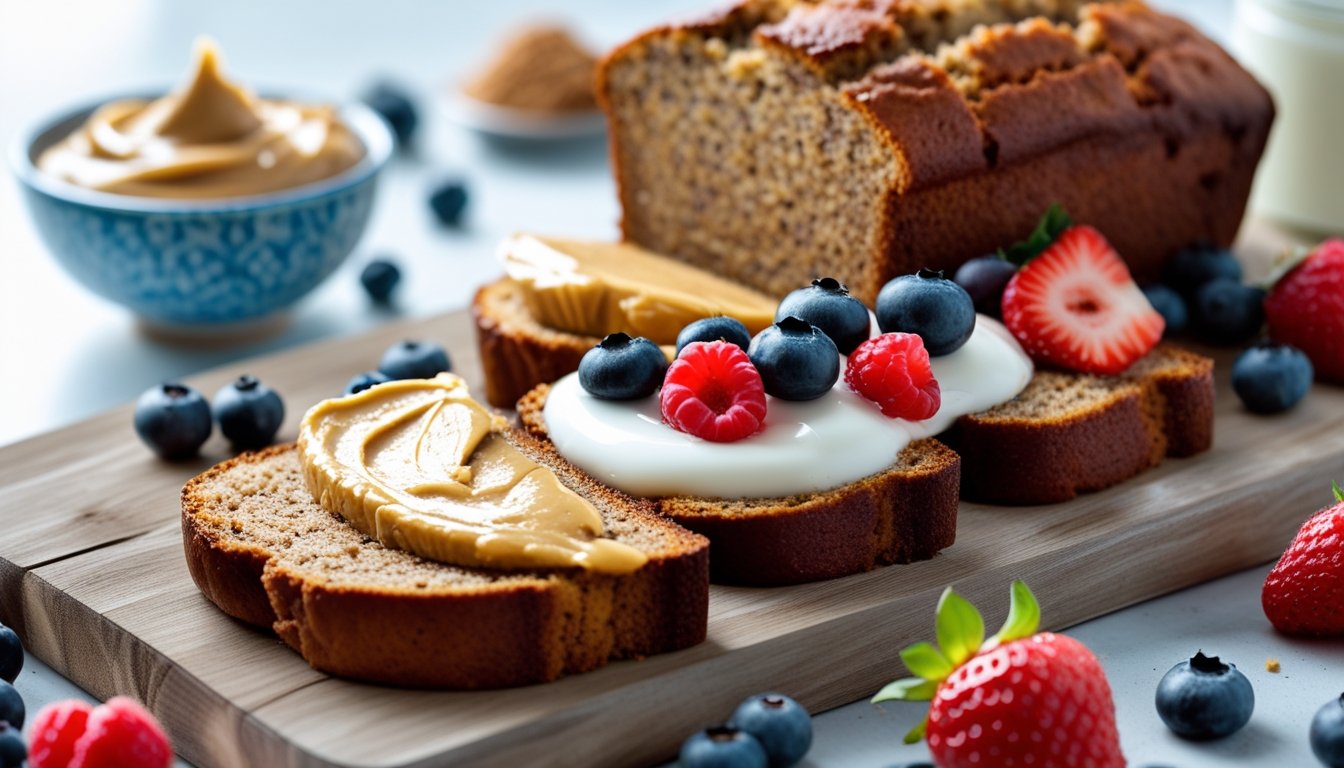 Healthy banana bread served with almond butter and fresh berries.