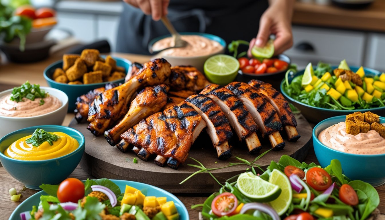 Different dishes served with jerk seasoning, including grilled chicken, dips, and salads.
