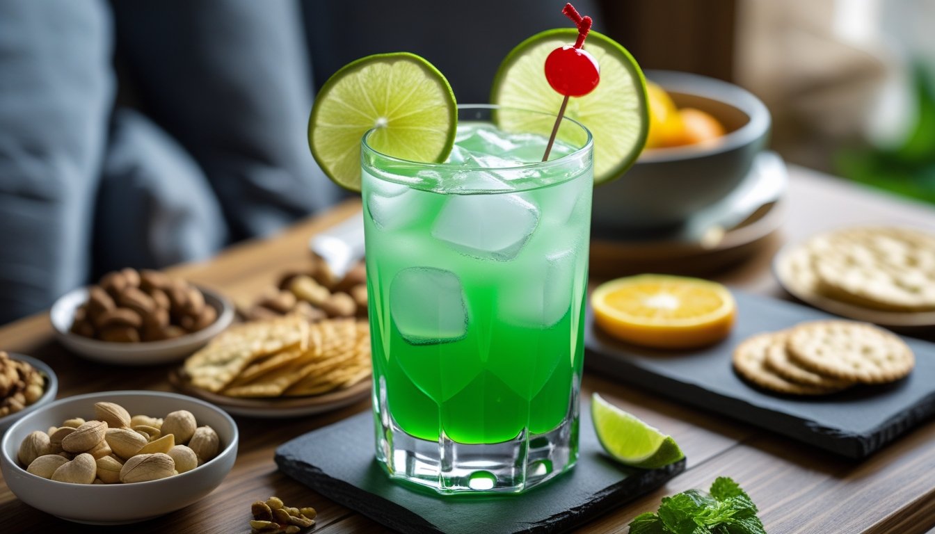 Midori Sour mocktail served with snacks in a casual setting.