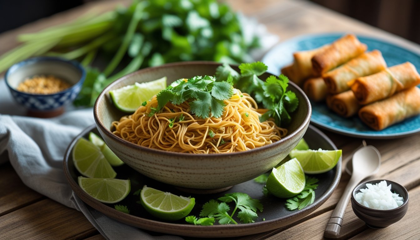 Serving suggestions for Mongolian noodles with garnishes and sides.