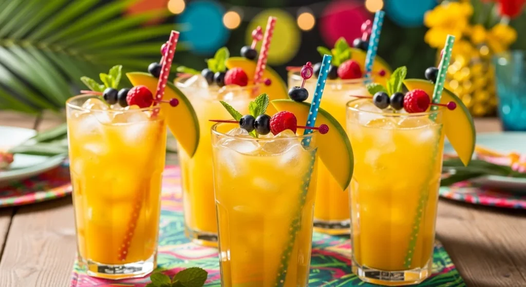 Serving suggestions for drinks with mango, beautifully presented in tall glasses with garnishes.