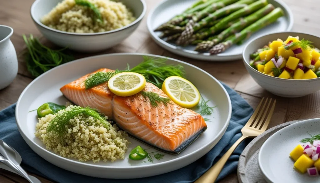Serving suggestions for Salmon HelloFresh including quinoa, asparagus, and mango salsa.