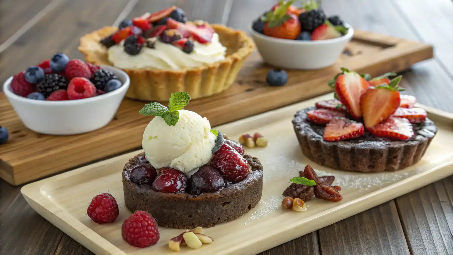 Different serving ideas for vegan desserts, including brownies with ice cream and fruit tarts with whipped cream.