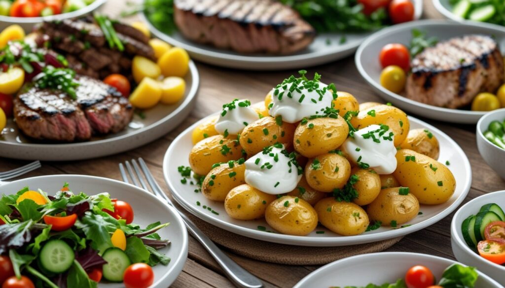 Different ways to serve yellow potatoes with various toppings and sides.