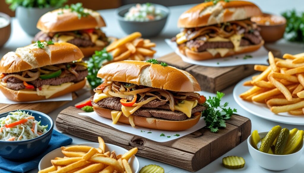A beautifully arranged plate featuring a Philly cheesesteak alongside crispy fries, coleslaw, and pickles.