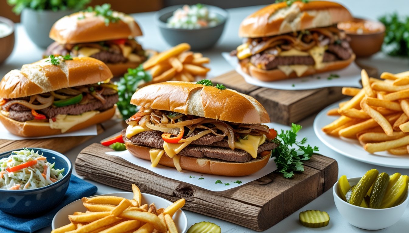 A beautifully arranged plate featuring a Philly cheesesteak alongside crispy fries, coleslaw, and pickles.