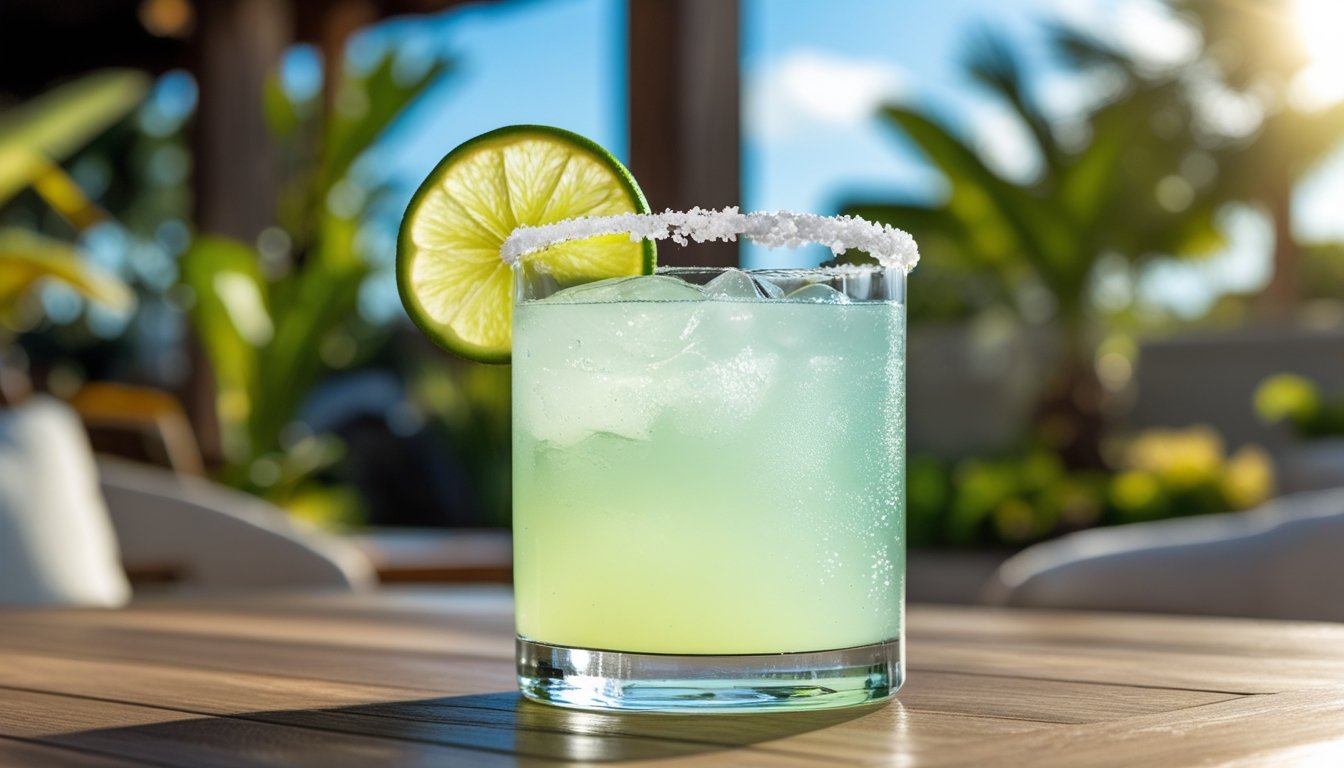 A beautifully served skinny margarita with garnishes.
