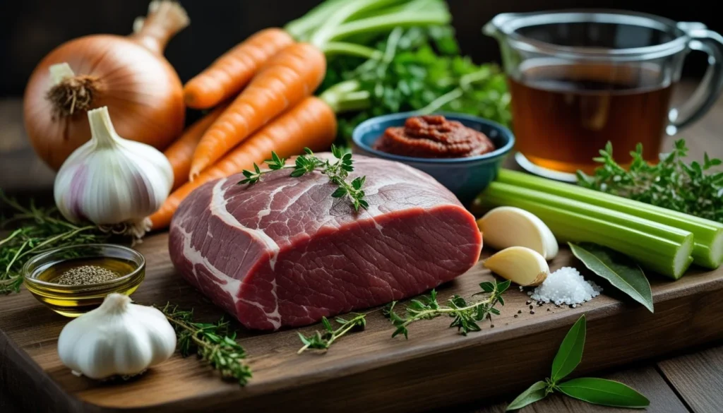 Ingredients for beef cheek meat recipe displayed on a cutting board.