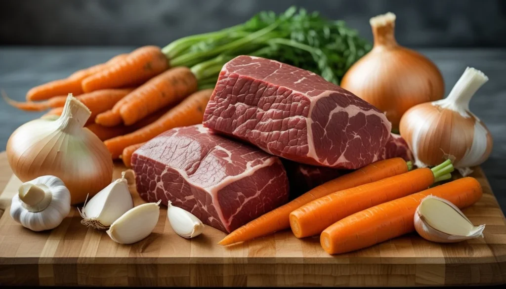 Ingredients for beef bourguignon including beef chuck, carrots, onions, garlic, and mushrooms.
