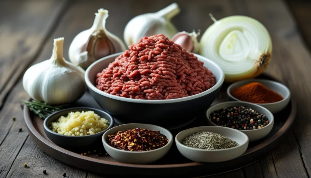 Ingredients for making beef sausage displayed on a wooden table.
