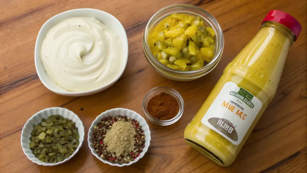 Ingredients for Big Mac sauce arranged on a wooden countertop.