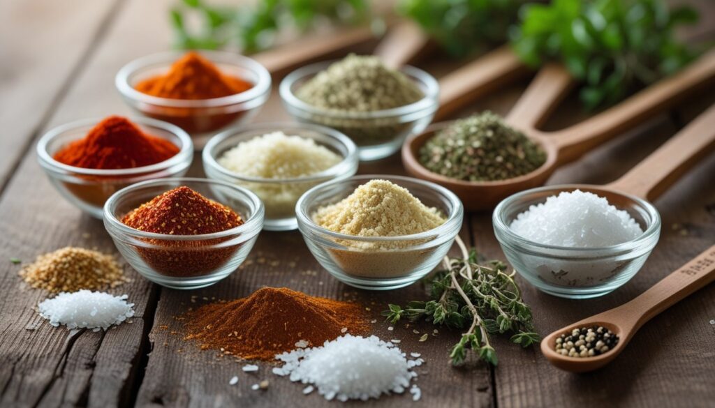 A collection of spices used for blackened seasoning, including paprika, cayenne pepper, garlic powder, and more.