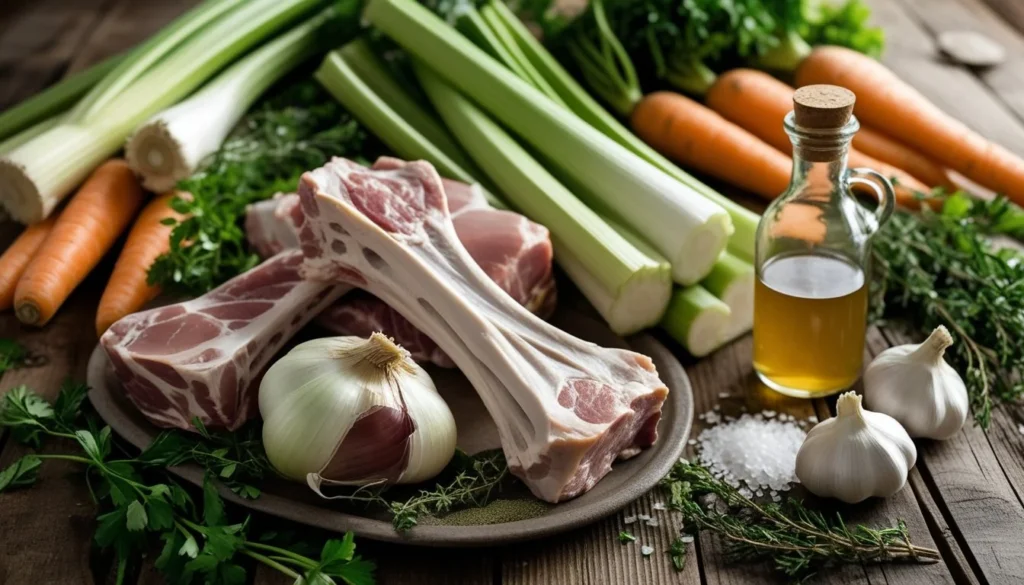 Ingredients for making bone broth, including various bones, vegetables, and seasonings, beautifully arranged on a wooden table.
