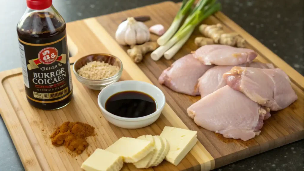 Ingredients for bourbon chicken displayed on a cutting board.