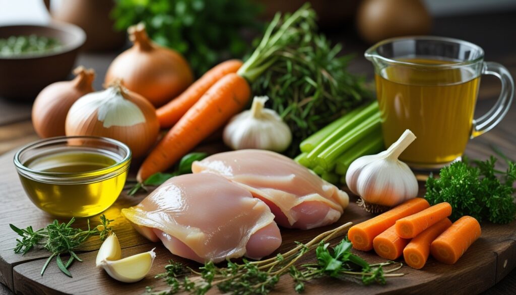 Ingredients for braised chicken including chicken thighs, vegetables, and herbs laid out on a kitchen counter.