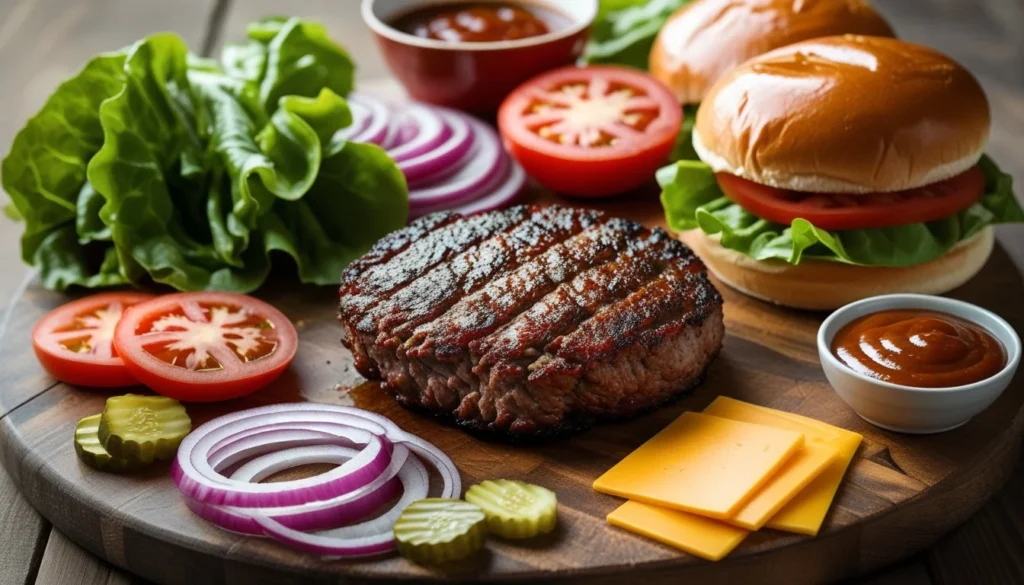 Ingredients for a brisket burger including ground brisket, onions, garlic, Worcestershire sauce, and burger buns.