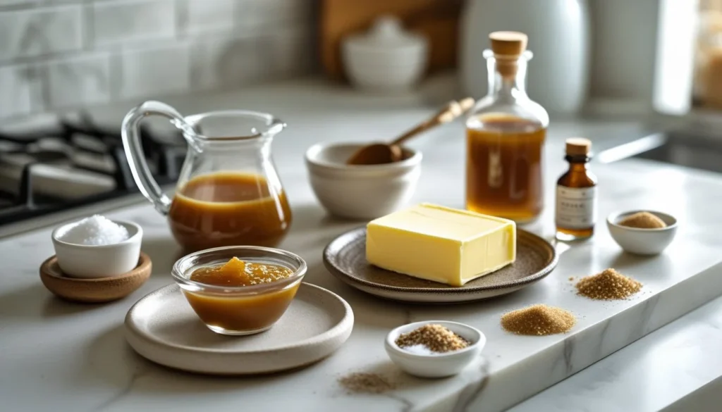 Ingredients for making carmal displayed on a kitchen counter.