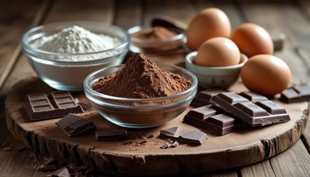Ingredients for chocolate ganache cake beautifully arranged on a wooden table.