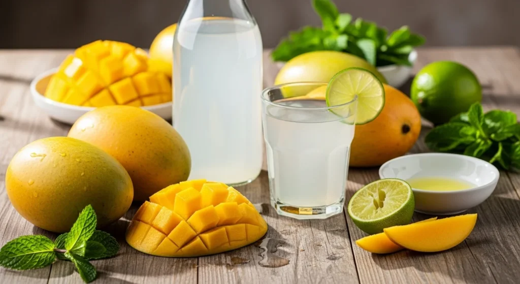 Ingredients for making drinks with mango, including mangoes, coconut water, lime juice, and mint leaves.