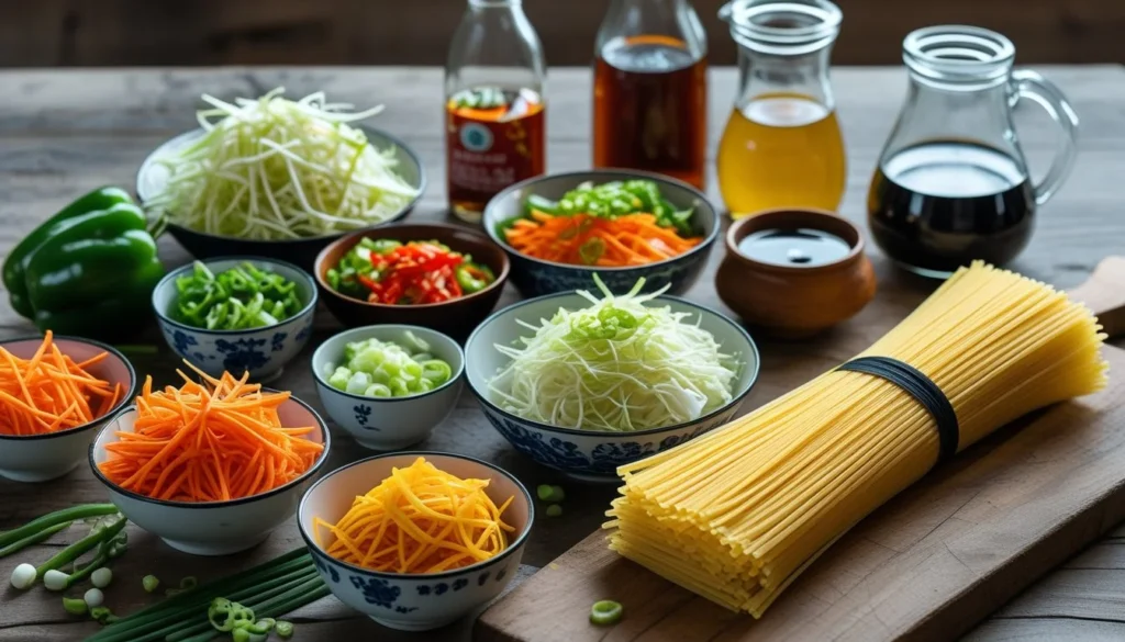 Ingredients for Hakka noodles including noodles, vegetables, and sauces.