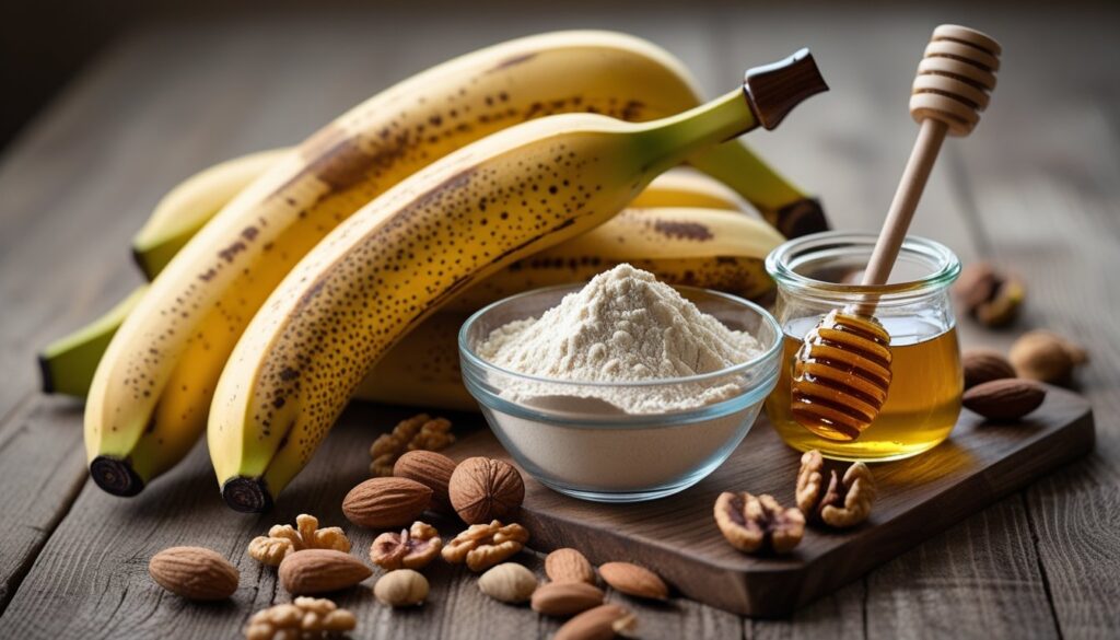 Ingredients for healthy banana bread including ripe bananas, whole wheat flour, and honey.