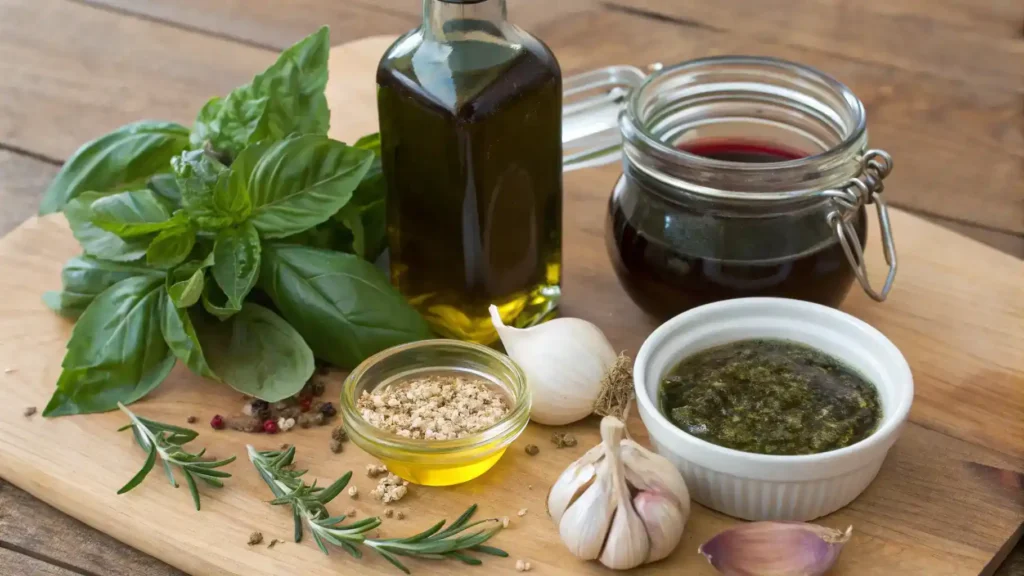 Ingredients for Italian dressing including olive oil, vinegar, mustard, and herbs.