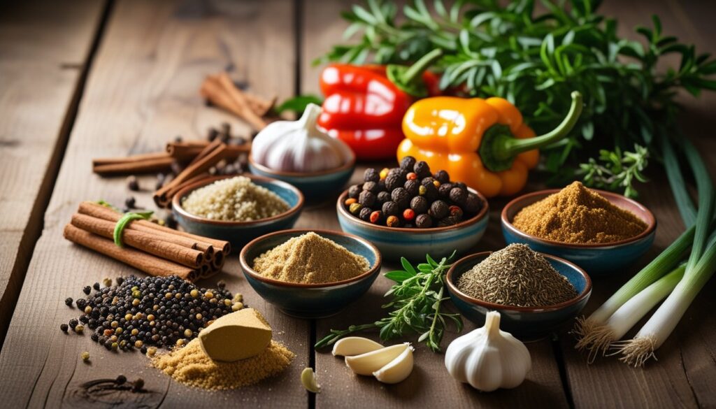 Ingredients for jerk seasoning including allspice, thyme, Scotch bonnet peppers, and more, beautifully arranged.
