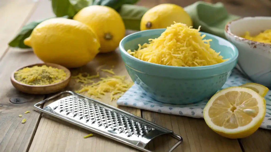 Ingredients for a lemon zest recipe including lemons, olive oil, garlic, and fresh herbs.