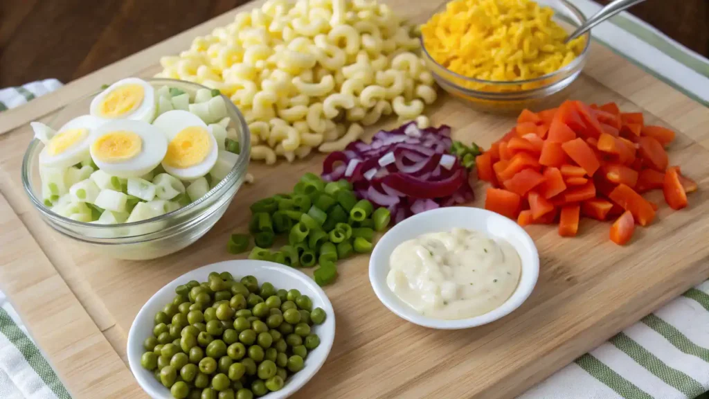 Ingredients for macaroni salad displayed on a wooden cutting board.
