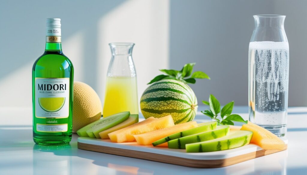 Ingredients for a Midori Sour mocktail displayed on a wooden table.